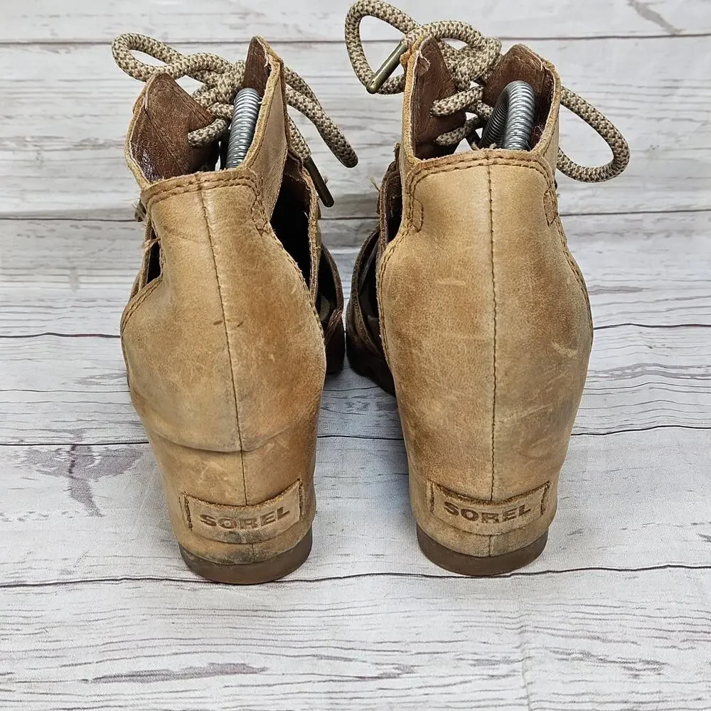 Sorel Sandals Womens 10 Joanie Lace Up Gladiator Peep Toe Wedge Brown Leather